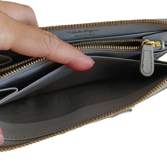 Salvatore Ferragamo Grey Leather Bow Long Zip Wallet - Picture 7 of 15